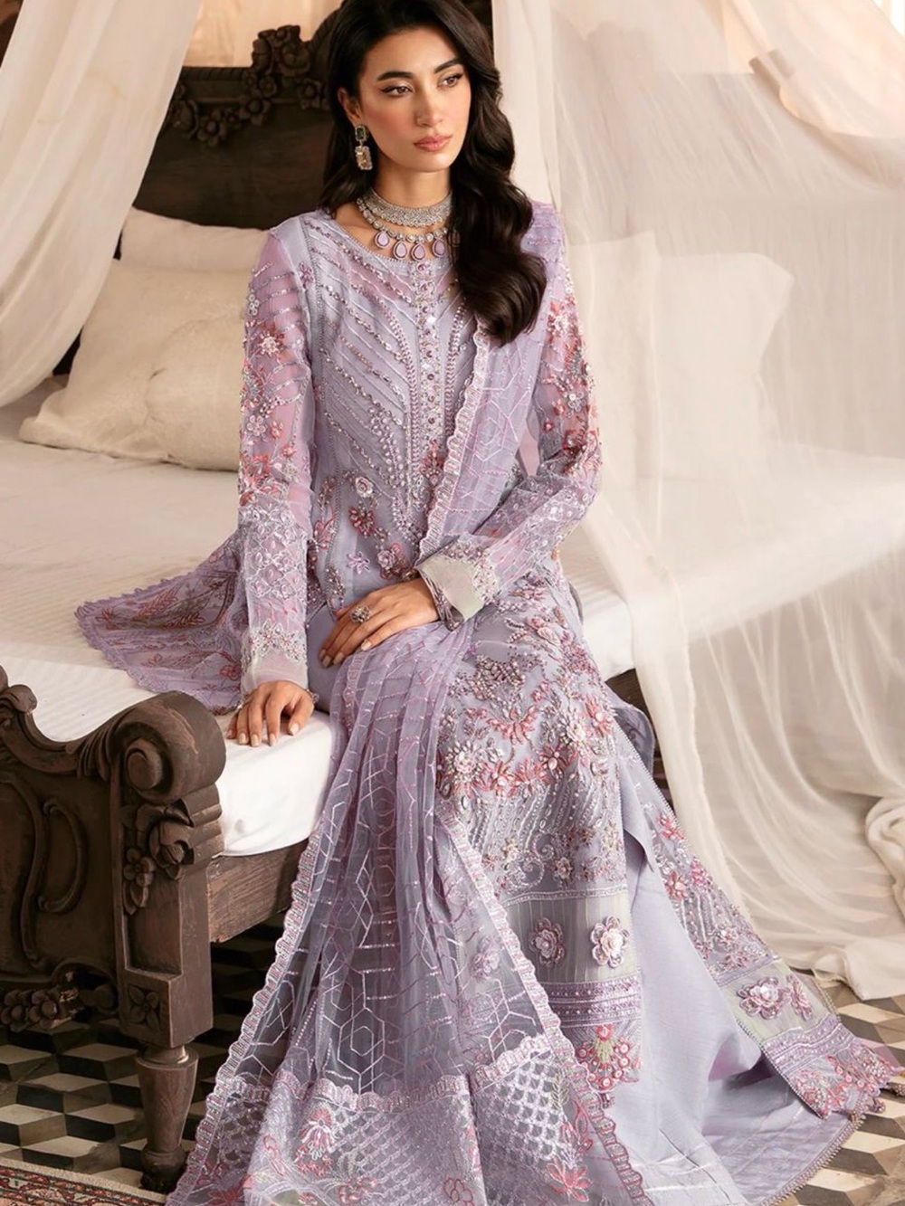Lavender Embroidered Long-Sleeve Women's Dress with sharara